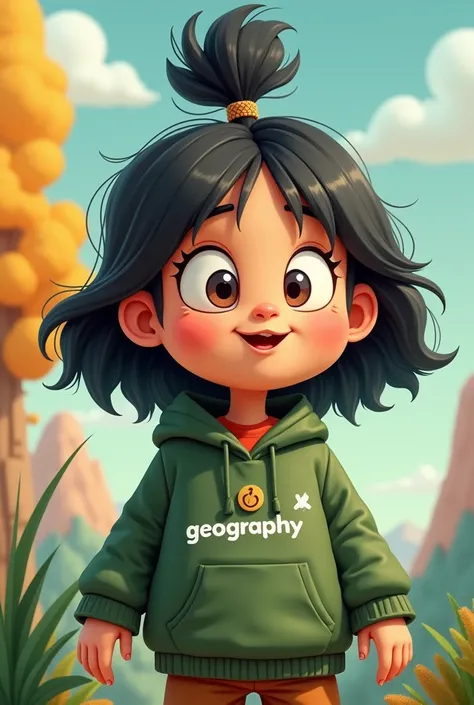 A medium topknot cartoon style character with dark brown colored green clothing written "geography"