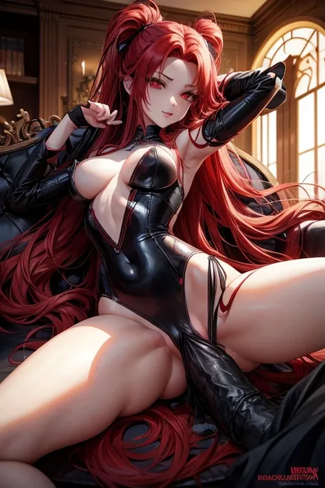 Draw a 2 female character with long red hair and red eyes in a sex scene with multiple men. Four-legged position on the living room sofa being sexually penetrated in various ways. Draw several men having sex with the character in a group sex scene. Charact...