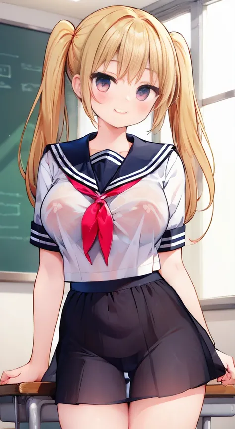 Highest quality,masterpiece,One person,Blonde,Twin tails,Schoolgirl uniform,Short sleeve,mini skirt,Large Breasts,smile,classroom,see through sailor,