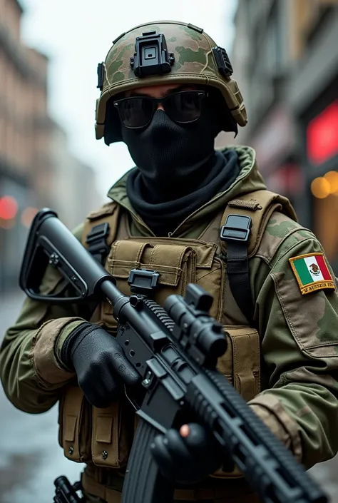 A modern soldier, male, wearing urban camouflage gear, having a carbine rifle in hand, has a Mexican army patch on his shoulder, an army helmet, has a black turtle neck bandana covering is mouth and nose, wearing black specialized sunglasses, leaving no sk...