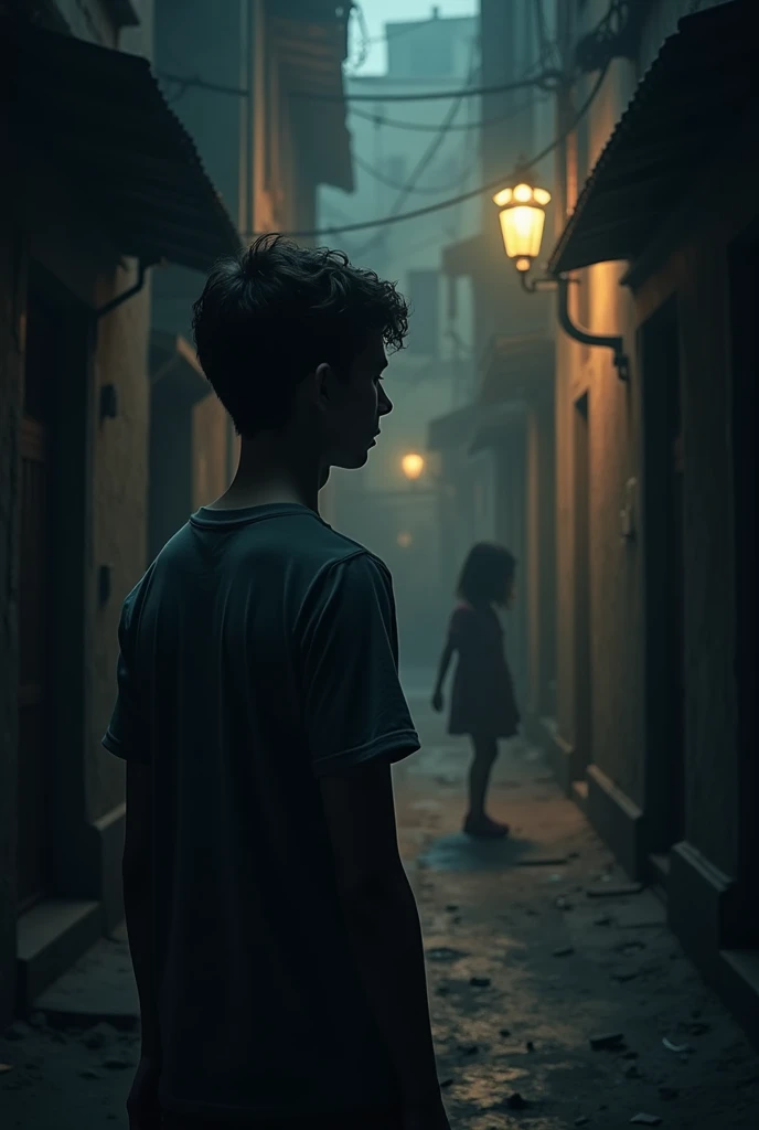 A young man looking down a dark alley where a young girl is seen in the darkness 