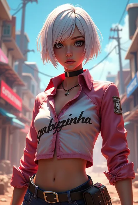 Female character in the game style Free Fire with short white hair and a blouse trimmed with a top written "Gabyzinha"