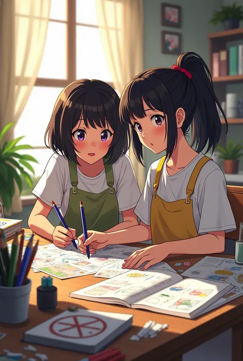 Create two girls drawing a manga on a desk