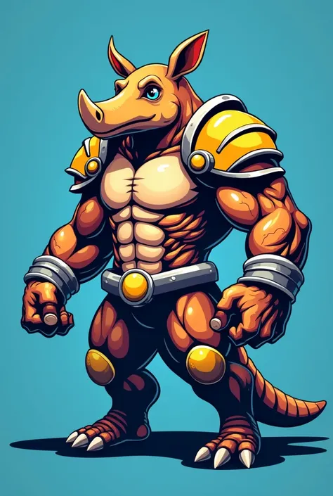 Team shirt, main color blue, secondary color yellow, tertiary color white, make the texture of the front inspired by the armor of an armadillo, in the center of the shirt make a muscular armadillo in the animated style with the colors above