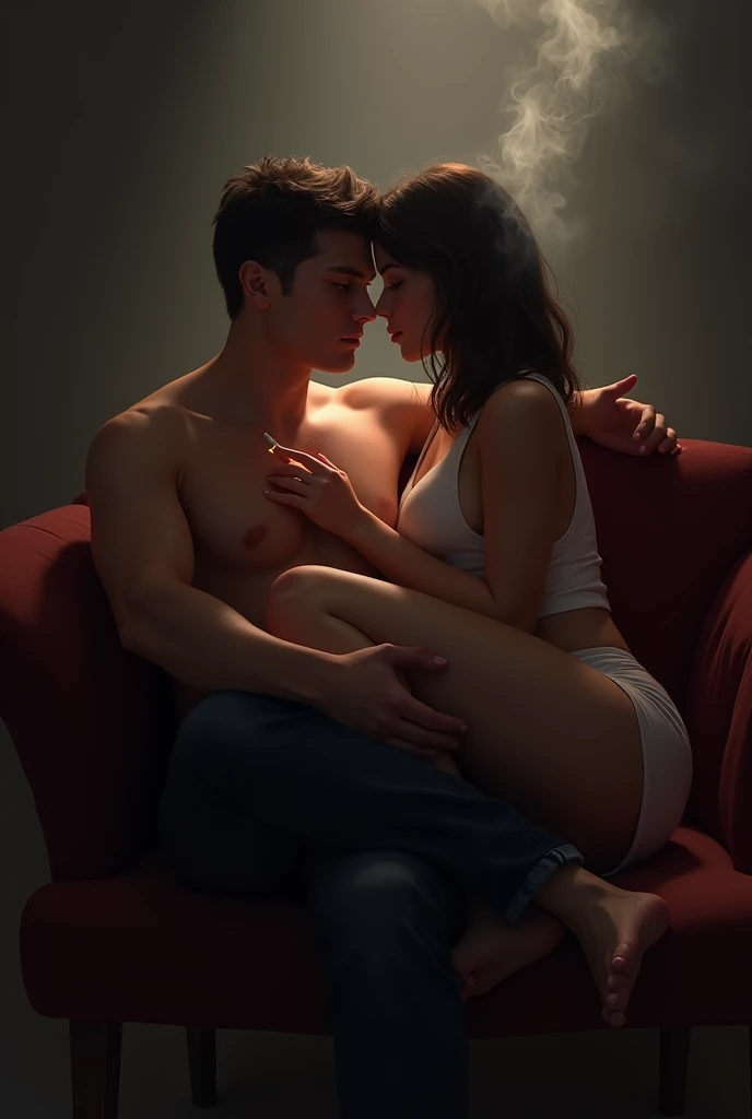 A guy sitting on chair and a girl sitting on his lap facing him and smoking 