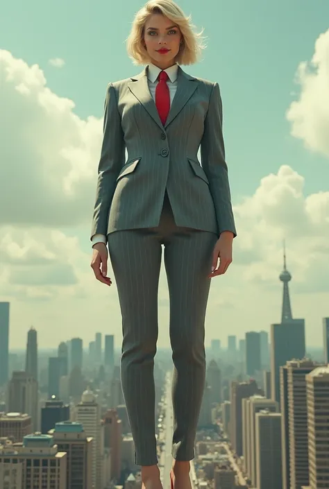 (photorealism:1.2), young adult , giant art, giantess standing over city beautiful a massive curvy blonde ponytail red lips wearing a perfect grey pinstripe suit with a thick and large red tie large collar crisp white shirt massive breasts. Platform high h...