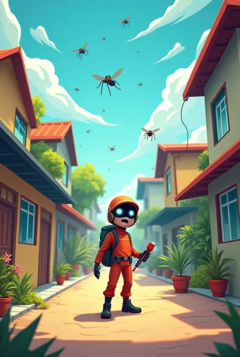 create a scenario for a game - which will be played horizontally - in which it is related to the dengue mosquito and there are some possible breeding sites in it and the main character who will help fight dengue with his insecticide is a 