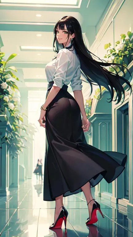 ((masterpiece, high resolution, better quality, better details)), ((Smiling)), ((one girl)) a girl standing, full body, maxi green skirt, blouse,((louboutin high heels)), green eyes , ((black hair, long hair)), shiny skin, ((behind view)), solo, from behin...