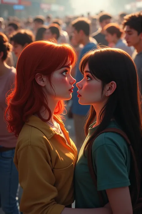 girl 20 years old, Red-haired girl with freckles and blue eyes fell at a fan meeting, but she was caught by a 20-year-old brunette with brown eyes. And they are both surprised and confused. 