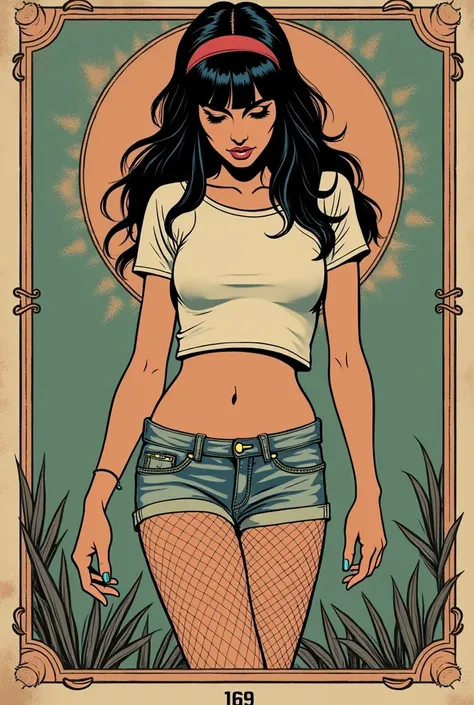 tarot aesthetics, tarot vintage colors 70s line-art aesthetics, stockings,diva, cut-offs, t-shirt, caught on shameful action,  