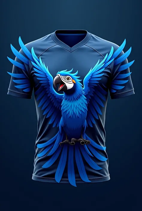 A beautiful team shirt, dark blue, with a mascot of an exuberant blue macaw