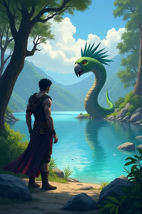 Encuentro con Snake Tu&#39;i* Later, Damian llegó a un tranquilo lago, whose crystal clear waters reflected the blue sky. Over there, between the shadows of the trees, appeared *Snake Tu&#39;i*, a snake with a parrot head. This being, Unlike Teju Jagua, se...