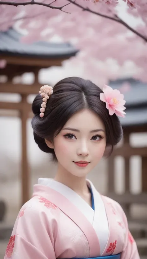 Realistic photograph. smiling Japanese Geisha, (geisha hair style:1.5), delicate makeup, beautiful big eyes, delicate kimono, blurred background of sakura and traditional Japanese house.