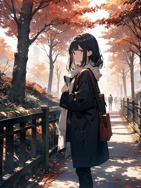 masterpiece,Highest quality,high definition,High resolution,4K,8k,Ultra HD Anime Illustrations,（最高masterpiece,）She has shiny black long hair,Checkered coat girl outfit: A checkered coat in a calm color scheme、Lightweight knit、Stylish autumn outfit with tig...