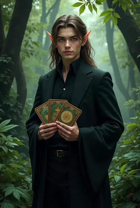 A 2 young man. long brown hair with a rather well-styled streak. Her face is soft and her eyes are blue green.  He has elf ears. Il est vêtu de noir comme un dieux On le voit entièrement. Il est debout dans une forêt sombre mais verdoyante. He holds a deck...