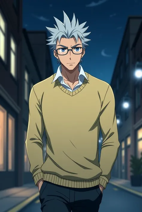 Create an anime model art in the Fullmetal Alchemist universe for a male character between 29~3, he is a handsome and sophisticated man in the prime of his life.. with blue eyes,spiky gray hair,glasses,he is wearing a light yellow sweatshirt and he is wear...