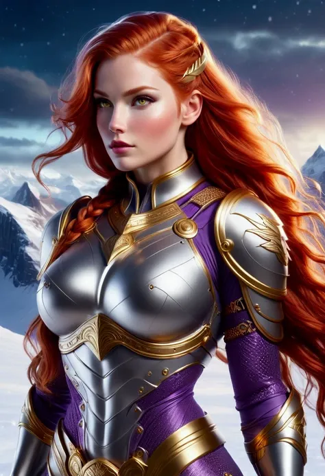  GORGEOUS WINGED RED HAIR VALKIRIE WARRIOR AT NORTH POLE, SNOW, HIGH MOUNTAINS, NORTHERN LIGHTS, SNOWING WEATHER, DIFFUSED LIGHTS ON FACE, BACK LIGHTS ON HAIR, LUMINOUS RED HAIR, FULL BODY  SHOT, HUGE LONG HAIR, HUGE STRAIGHT LONG HAIR, BRAID HAIR STYLE, P...