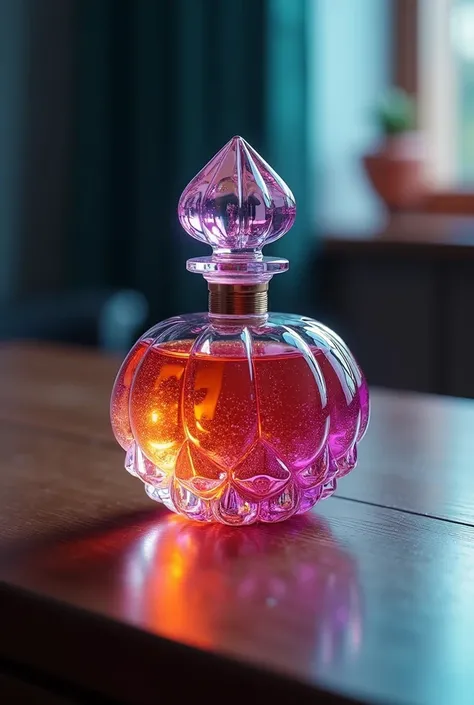 a sponge-shaped perfume bottle on a table, realistic, highly detailed, smooth glass material, colorful and vibrant, dramatic lighting, photorealistic, 8k, best quality, professional, cinematic