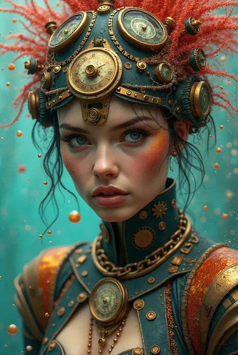 A stunning portrait of a woman dressed in steampunk attire, surrounded by vibrant hues and swirling psychedelic patterns. Her face is adorned with intricate clockwork mechanisms, as she gazes directly at the viewer with a hint of mischief. The background b...