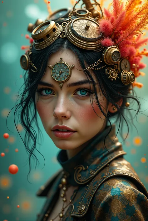 A stunning portrait of a woman dressed in steampunk attire, surrounded by vibrant hues and swirling psychedelic patterns. Her face is adorned with intricate clockwork mechanisms, as she gazes directly at the viewer with a hint of mischief. The background b...