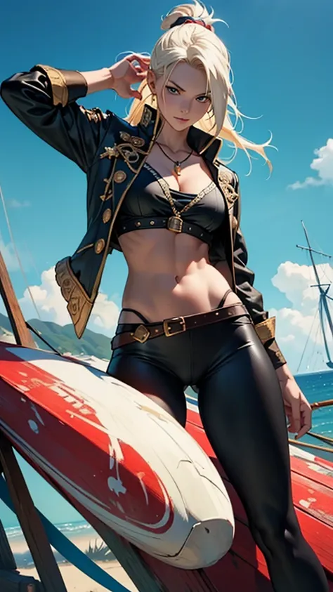 Beautiful 18yr old girl realistic masterpieces full figure pose (best quality,ultra-detailed), bleach blonde white hair, fair skin, fit body, slim figure, narrow waist, (cocky expression), fantasy pirate, One Piece inspired pirate, fighter clothes, colorfu...