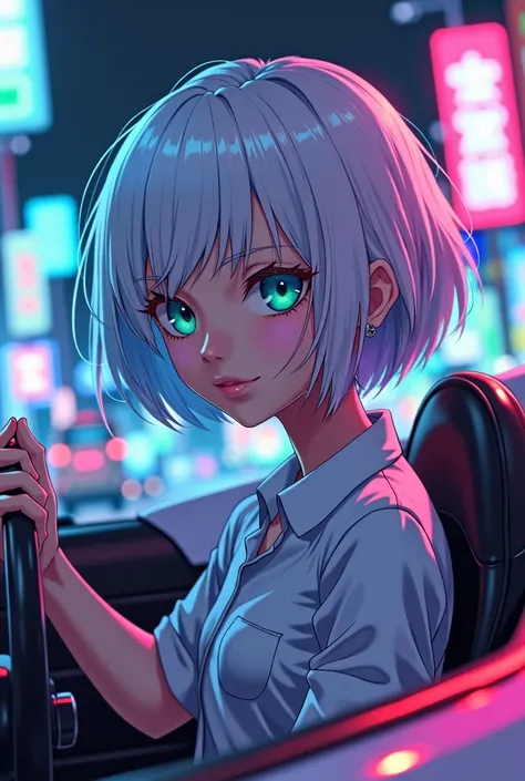 anime style, young adult woman, with blue right eye and green left eye, short white hair.
Driving a sports car.
side view.
neon lights.