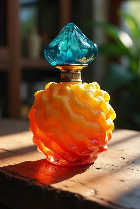 a kitchen sponge-shaped perfume bottle on a table, realistic, highly detailed, smooth glass material, colorful and vibrant, dramatic lighting, photorealistic, 8k, best quality, professional, cinematic