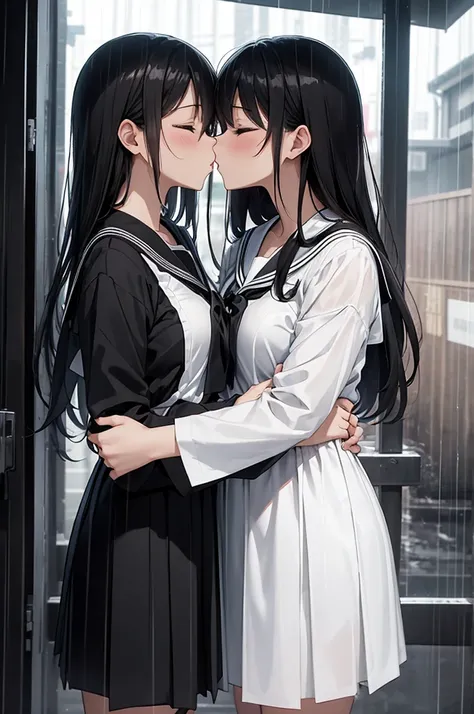 2 girls, 傘もささずにheavy rainの中抱き合う二人, kissing, kiss, close your eyes, heavy rain, soaked, black and white sailor suit, ribbon, long...