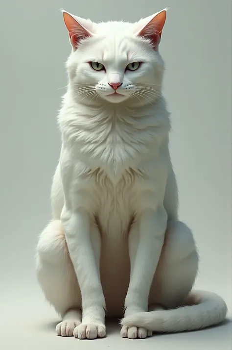 Cat with human chin, mournful look, white and muscular hair. realistic texture 