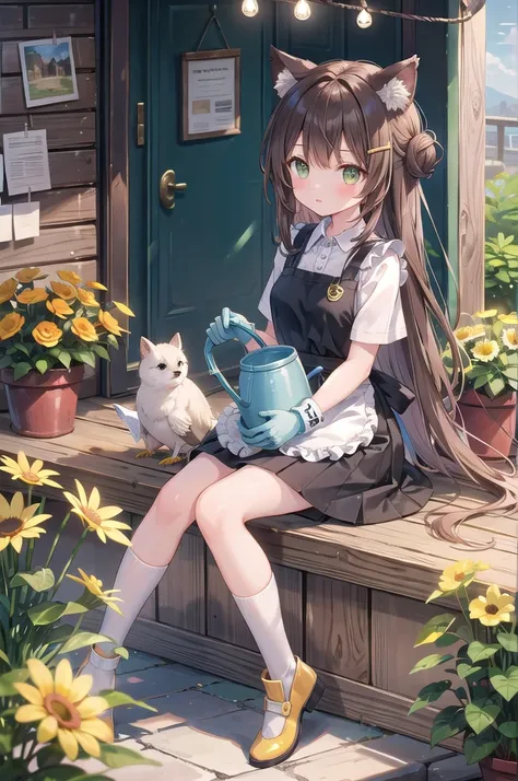 (masterpiece), One girl, alone, animal, white flower, shirt, animal ears, flower, very Long Hair, collared shirt, Hair Bun, shoes下, Long Hair, black shoes下, gloves, Green Eyes, apron, Holding, Sitting, hair ornaments, blush, Lips parted, bangs, View your v...