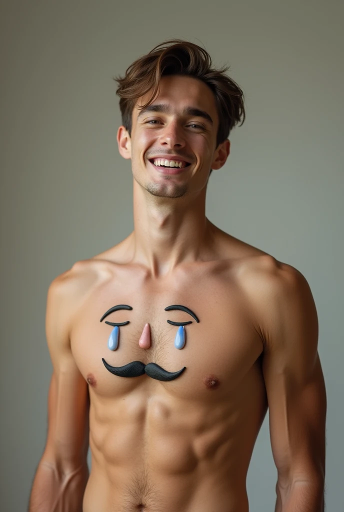 A man without a shirt is smiling sweetly. It looks like his chest resembles a crying face.