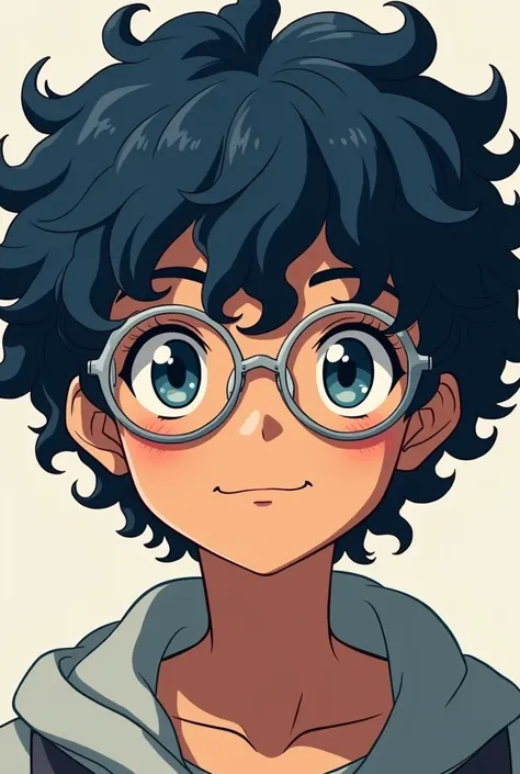 Create an anime style drawing, of a curly-haired teenager, long and blue-black, BROWN SKIN, wearing silver glasses 