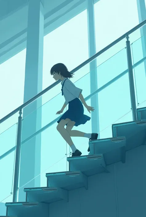 Schoolgirl climbing stairs backwards, glass bleachers