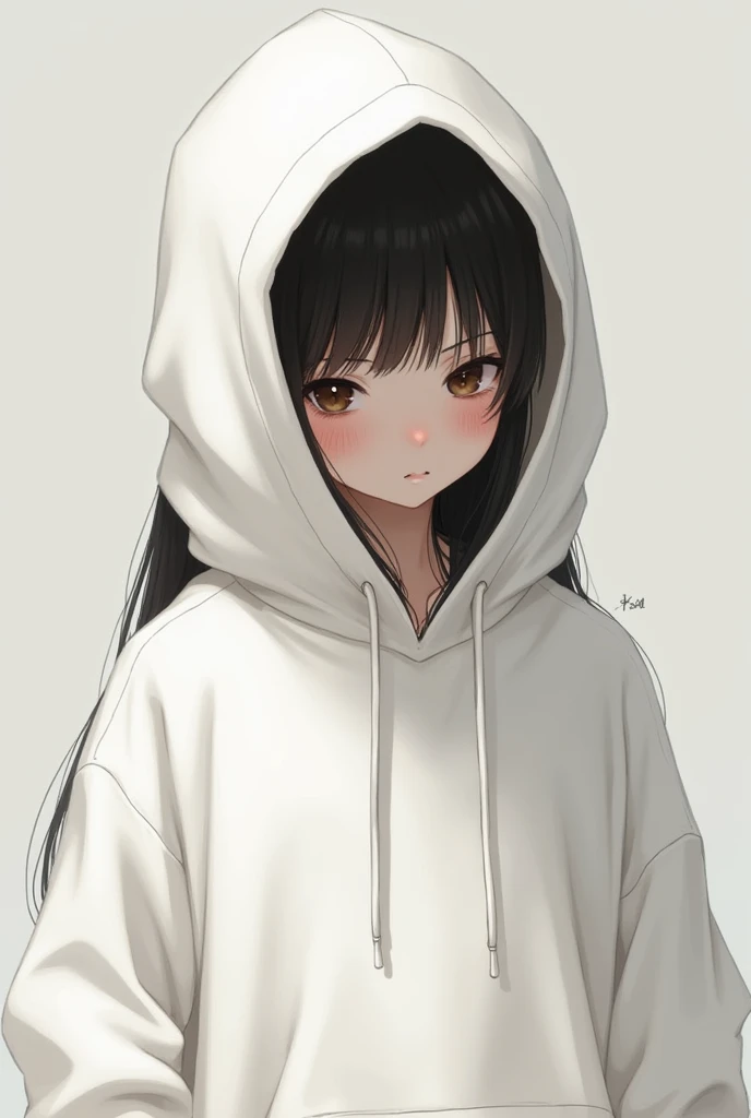 draw a young shy girl with long black hair hiding in a white oversized hoodie with the hood over her face