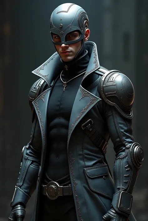 A majestic digital anime artwork showcasing a stunningly decorated male cyborg soldier standing confidently, looking directly at the viewer. He wears a sleek and tactical armored leather trench coat with a built-in exoskeleton, adorned with intricate engra...