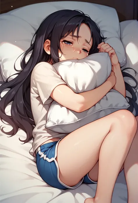  score_9, score_8_up, score_7_up, solo, tired, long hair, tshirt, tight shorts spats, young, teen, 1girl, crying, hugging pillow