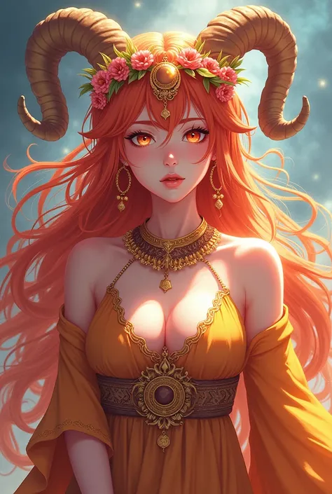 Create a series of anime-style half-body portraits, each representing a Goddess of Zodiac for the 12 zodiac signs.Aries: A character with ram horns, wearing fiery clothing, and exuding an aura of courage.Taurus: A character with bull horns, adorned with a ...