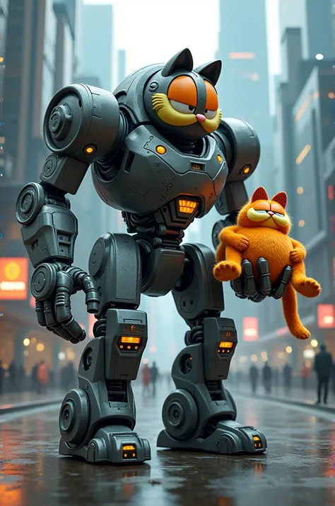 Robot with a clamp on one arm and a Garfield on the other 