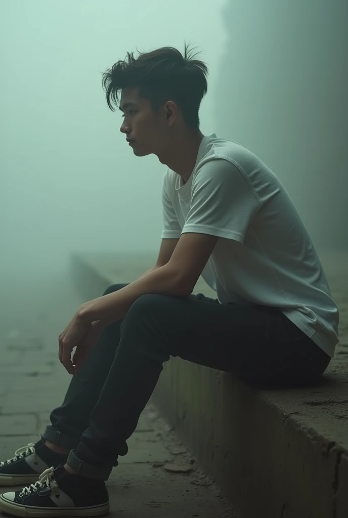 portrait photography of a young man wearing (tomboy clothes),  sitting,  facing away,  relaxed posture,  (wide angle view:1.3),  ,  foggy light,  richard avedon