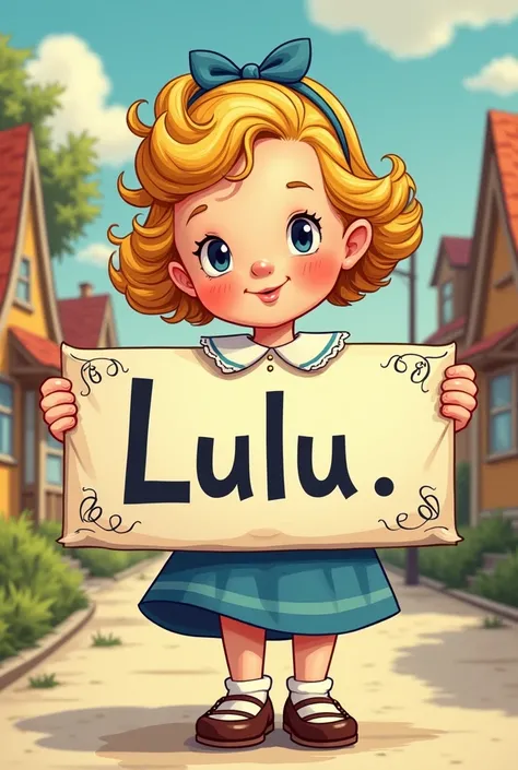 Little Lulu holding a sign with the name Little Lulu