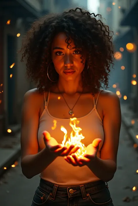 A girl with slightly dark skin and curly hair, about 20 years old, realizes that she has fire powers.