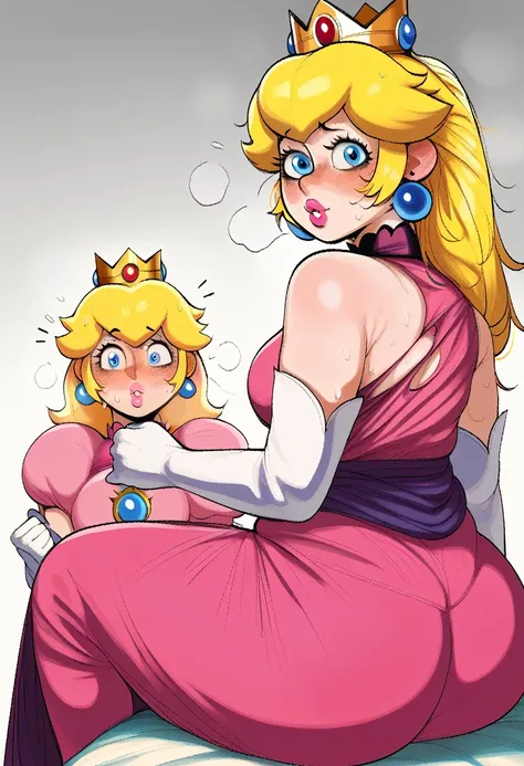 score_8_up. score_7_up,  uncensored, dumpiwumpi, score_9, dumpiwumpi, 1girl, princess peach, blue eyes, blonde hair, torn clothes, female pubic hair, elbow gloves, jewelry, !, crown, sphere earrings, long hair, looking at viewer, blush, pink dress, ass, ho...