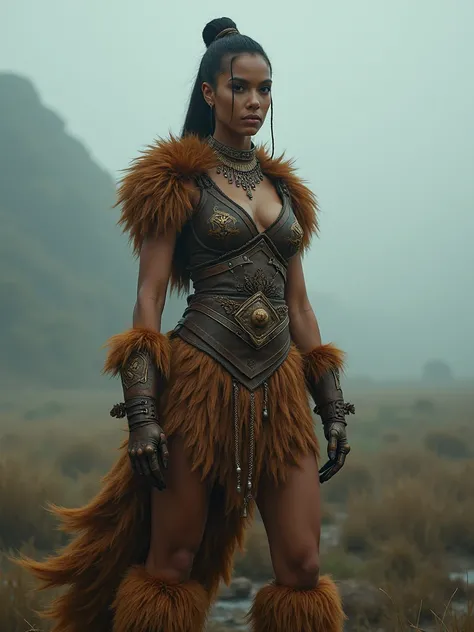 A Striking Female Warrior, (Emma Watson:Zendaya:0.5), powerful figure, adorned with tiger-patterned gloves, animal skin kilt that swirls with life, furry suede ankle boots that ramp up the wild vibe, set against the backdrop of a triassic fog, a world lost...