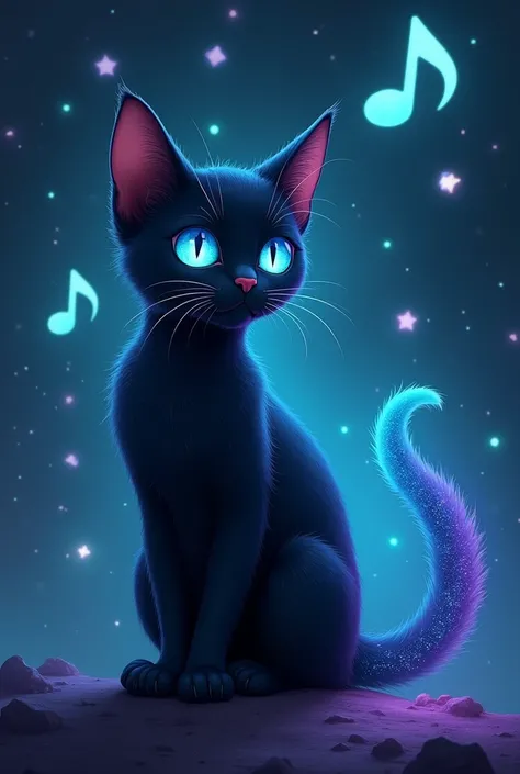 A cat with blue eyes and the other glowing green and with a neon black tail, with a background of stars in the shape of musical notes