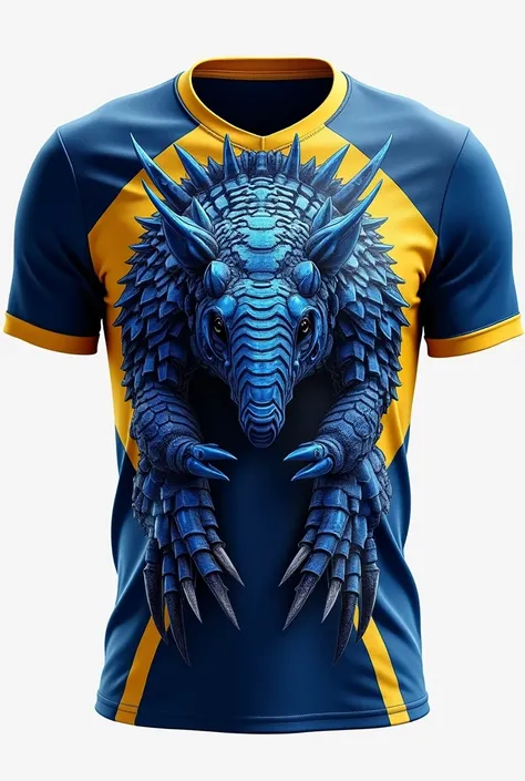 Team shirt, main color blue, yellow secondary color, tertiary color white, make the texture of the front inspired by the armor of an armadillo, in the center make an armadillo in blue