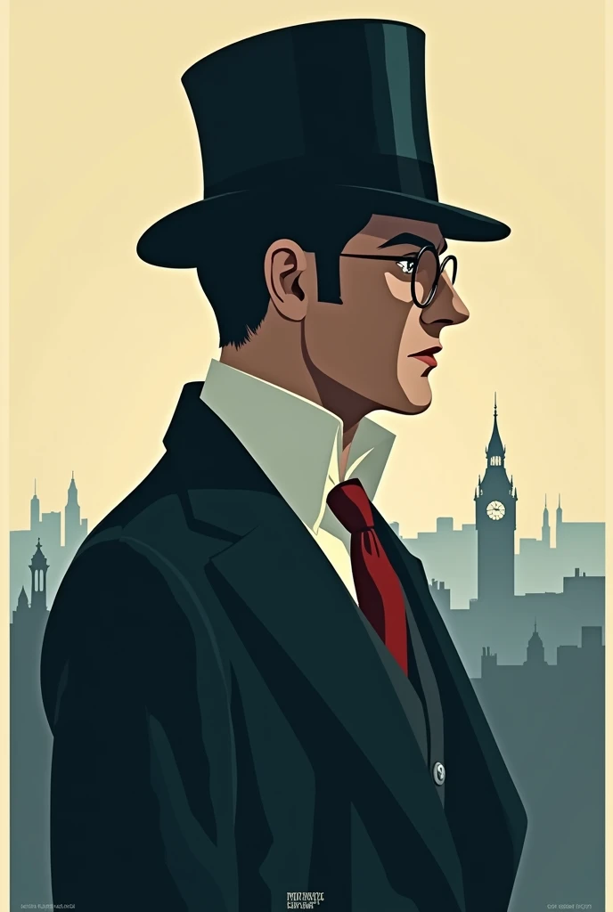 CREATE AN ARSENE LUPIN MOVIE POSTER WITH A MONOCLE AND TOP HAT ,IN PROFILE LOOKING UP  , WITH THE NAMES OF THE CHARACTERS IN AN ORIGINAL LOGO FOR THE FILM , WITH THE BACKGROUND IN A SIMPLE CITY,  WITH BLANK SPACE FOR WRITING IN OLLY MOSS STYLE ART