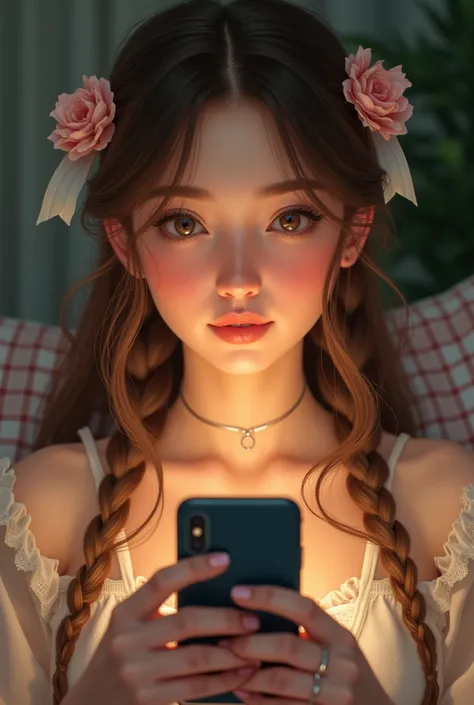 a close up of a person on a cell phone, vector art, art nouveau, ios app icon, woman is curved, a beautiful artwork illustration, maternal photography 4 k:; a woman with brown hair in a room ,::  ,:: madison beer, streaming, pigtail, photorealistic - h 6 4...