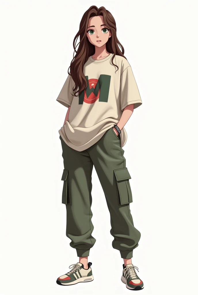 Trendy streetwear, Oversized graphic shirt, paired with cargo pants, often in muted or neutral tones, Trainer shoes, no accessories 

MAKE THE BACKGROUND PLAIN WHITE AND SHOW FULL BODY

 girl, long brown hair, green eyes, My Hero Academia