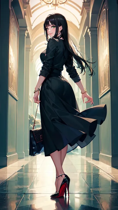 ((masterpiece, high resolution, better quality, better details)), ((Smiling)), ((one girl)) a girl standing, full body, maxi green skirt, blouse,((louboutin high heels)), green eyes , ((black hair, long hair)), shiny skin, ((behind view)), solo, from behin...