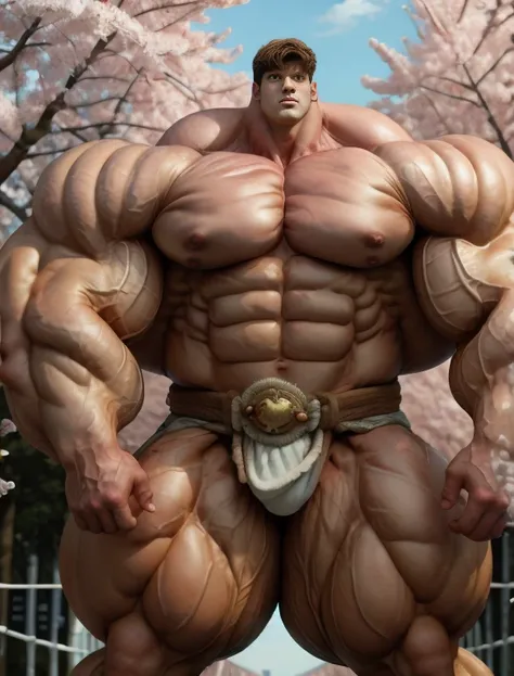 1boy, giant, asian, solo, giant bodybuilder, golden hour, strong body, bulk, large size, standing before cherry blossom, outdoor, nude, white triangular loincloth with enormous bulge, extraordinary big, brutalmass, giant muscular body, bulk, buff, massive ...